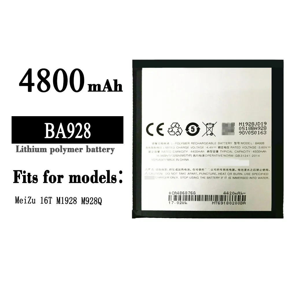 BA928 New BA-928 Replacement Battery For MeiZu 16T M1928 M928Q Batteries 4800mAh High Quality Bateria + Free Tools