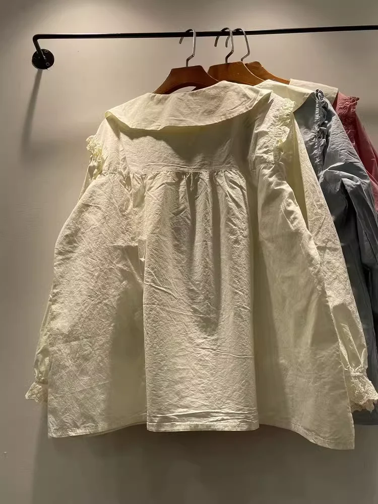 바스트 118cm 모리 케이 스위트 피터팬 칼라 코튼 블루 베이지 핑크 자수 패치 셔츠 긴 소매 블라우스 귀여운 옷