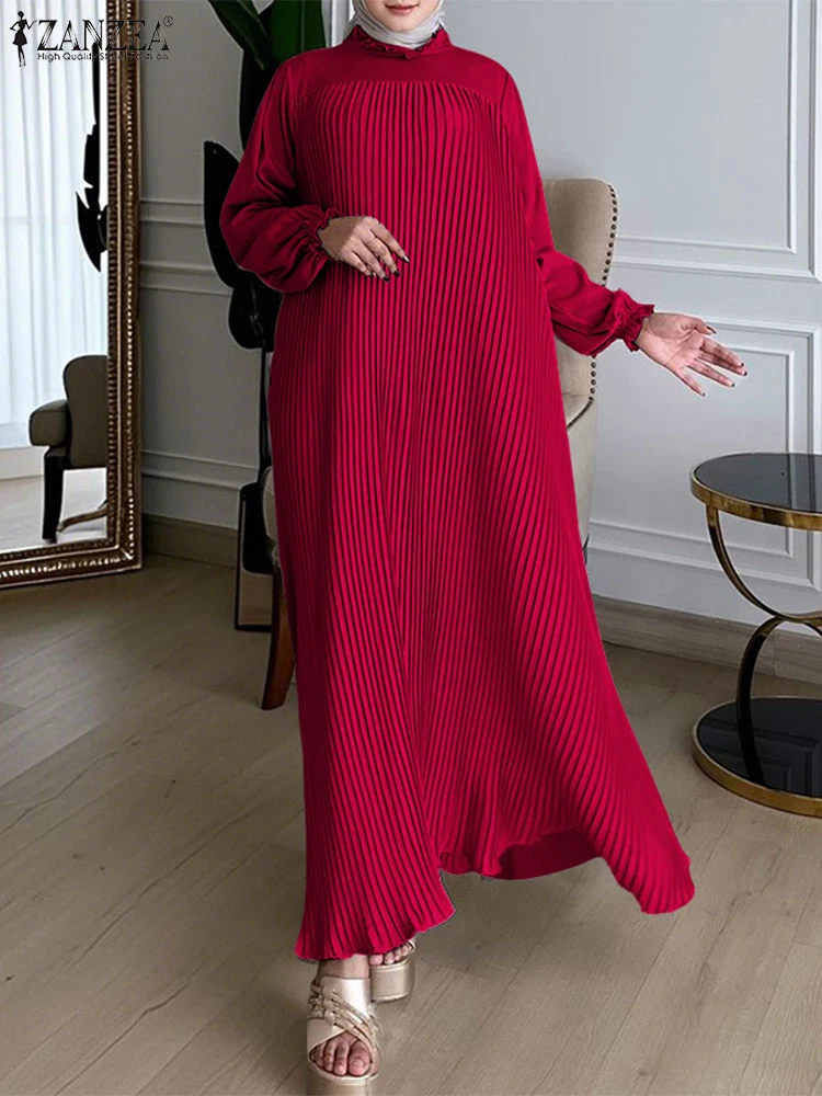 

ZANZEA Ruffled Neck Gorgeous Maxi Dresses Elegant Muslim Islamic Pleats Patchwork Plisse Vestidos Glossy Satin Women Abaya Robes