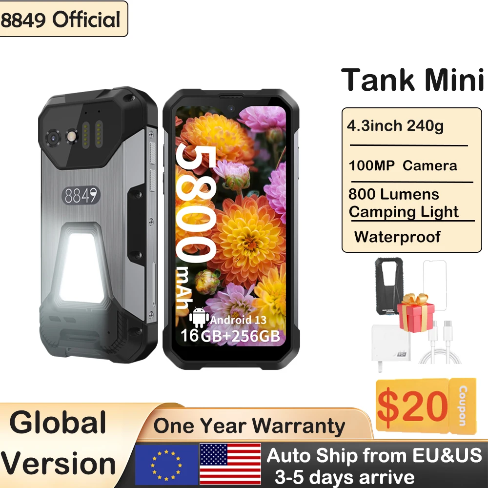 8849 Tank Mini Unihertz Прочные смартфоны с дисплеем 4,3 дюйма Android 13 Helio G99, 24 ГБ, 256 ГБ, 100 МП, камеры, 5800 мАч, NFC, водонепроницаемые