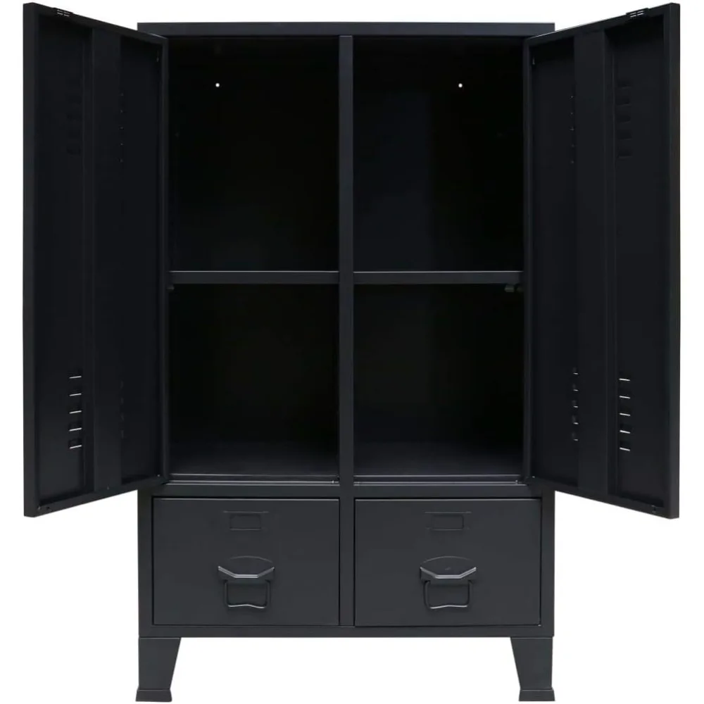 خزانة ملابس سوداء على الطراز المعدني الصناعي مع أرفف وأدراج قابلة للتعديل، وحاملي بطاقات اسم فريدة من نوعها - متينة وعملية