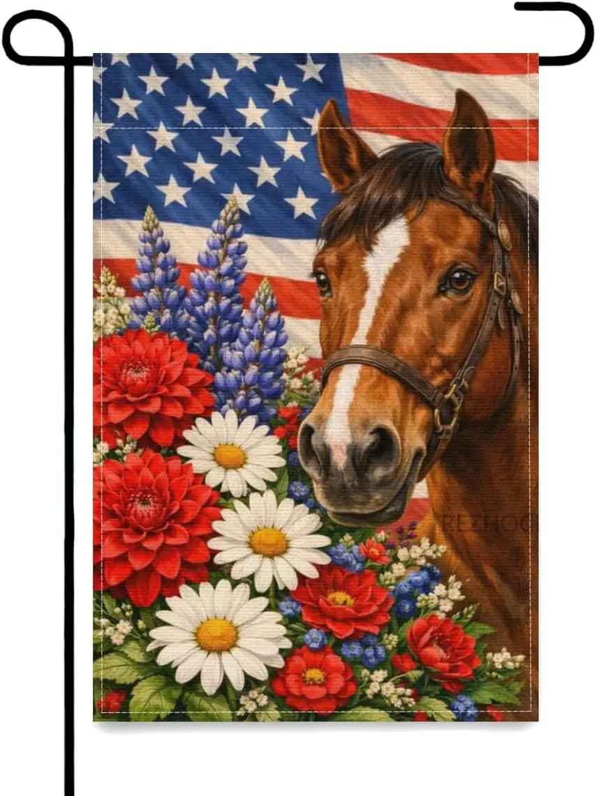 Patriotic Horse Garden Flag 12x18 Inch,USA Flag Floral Animal Outdoor Yard Red White Blue Decor,Double Sided Seasonal Lawn P PPZ