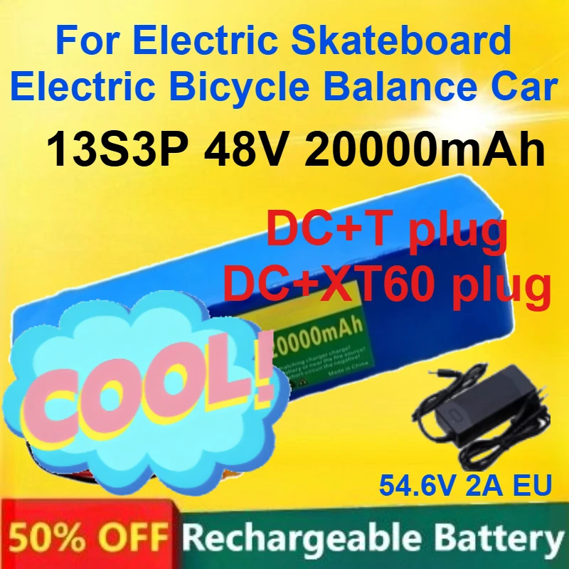 

18650 48V Rechargeable Lithium Battery 13S3P 20Ah for Electric Skateboard Electric Bicycle Balance Car Battery +54.6V 2A Charger