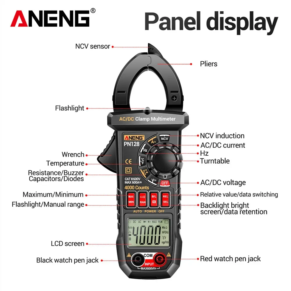 ANENG PN128 Digital Multimeter  4000 Count Clamp Meter 600A  High Precision AC/DC Current Voltage NCV True RMS Test Measure Tool