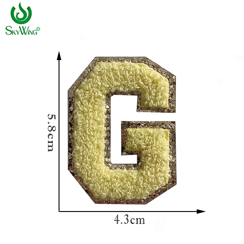 Chenille Embroidered Alphabet for DIY Towel, Gold Glitter Letter, Yellow Color, Self-adhesive Patches, Wholesale