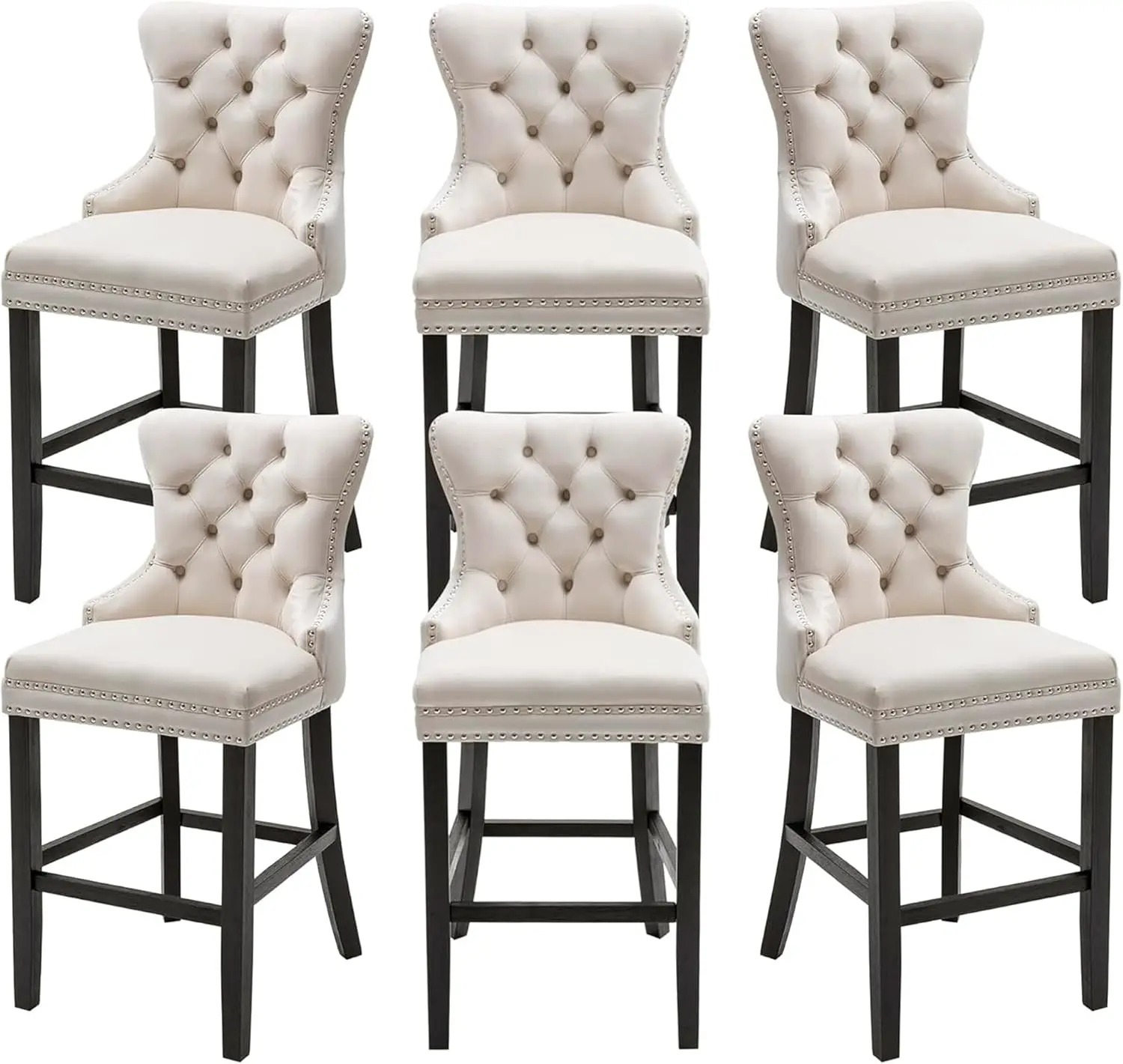 Bar Stools Set Of 6, Velvet 26 Inch Seat Height Counter Height Barstools Button Tufted Backrest, Rivet Trim Bar Chairs For