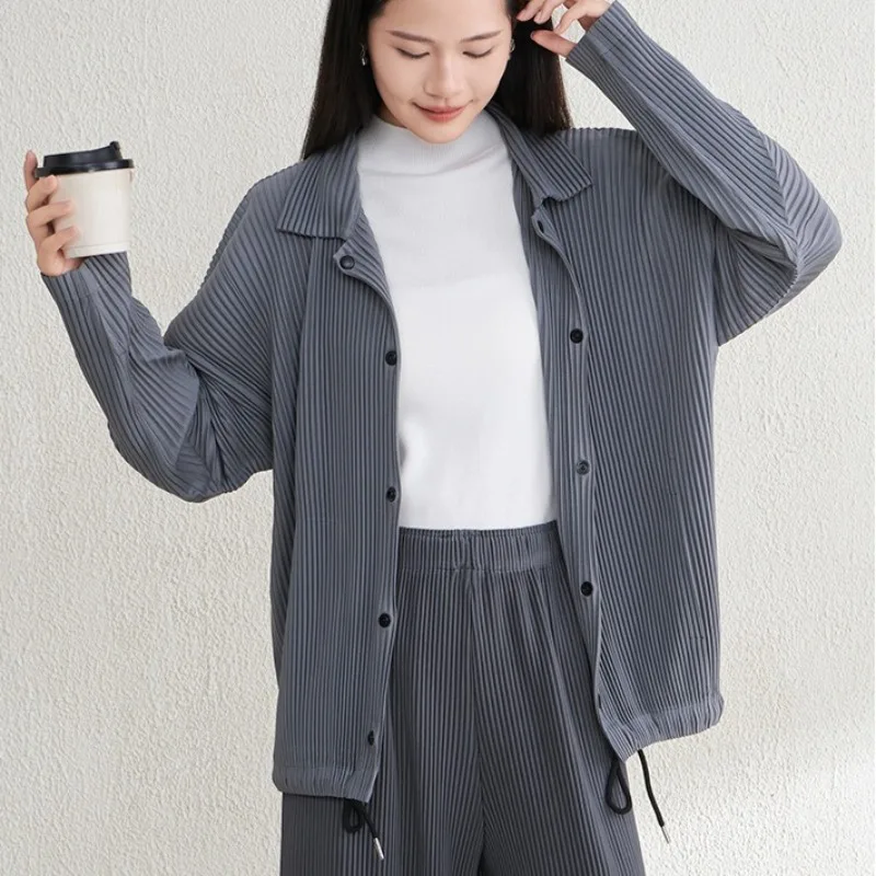 

Miyake Pleated Women's Jacket Fall Winter Casual Fashion Single-breasted Lapel Drawstring Cardigan Simple Loose Office Wear