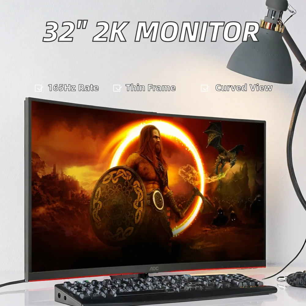 32-Inch 2K Curved Wide Screen E-Sports Gaming Monitor 165Hz Fish Screen Ultra-Thin Frameless IPS LCD Display Office