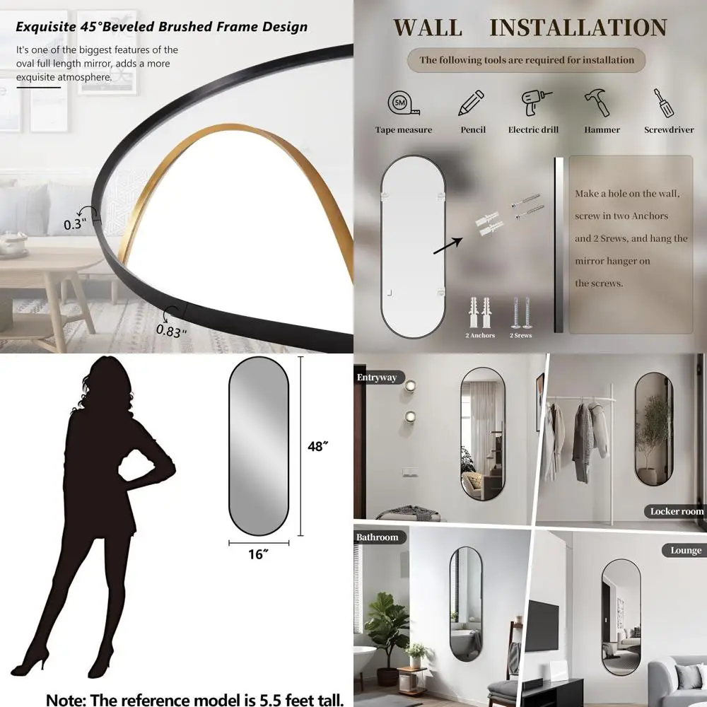 

48 x 16 Oval Wall Mirror with Metal Frame, Ultra-Clear Glass, Ideal for Classic Home Decor in Cloakrooms, Bedrooms, and Living R