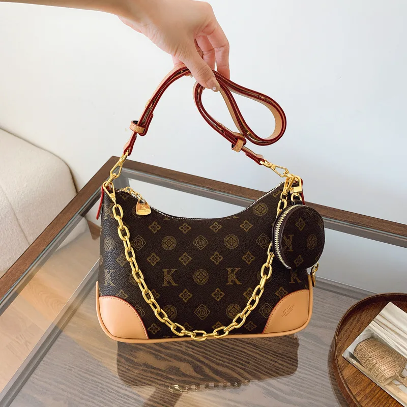 

Classic Vintage Monogram Hobo Shoulder Bag, Trendy Versatile Crossbody Handbag with Gold Chain & Mini Pouch