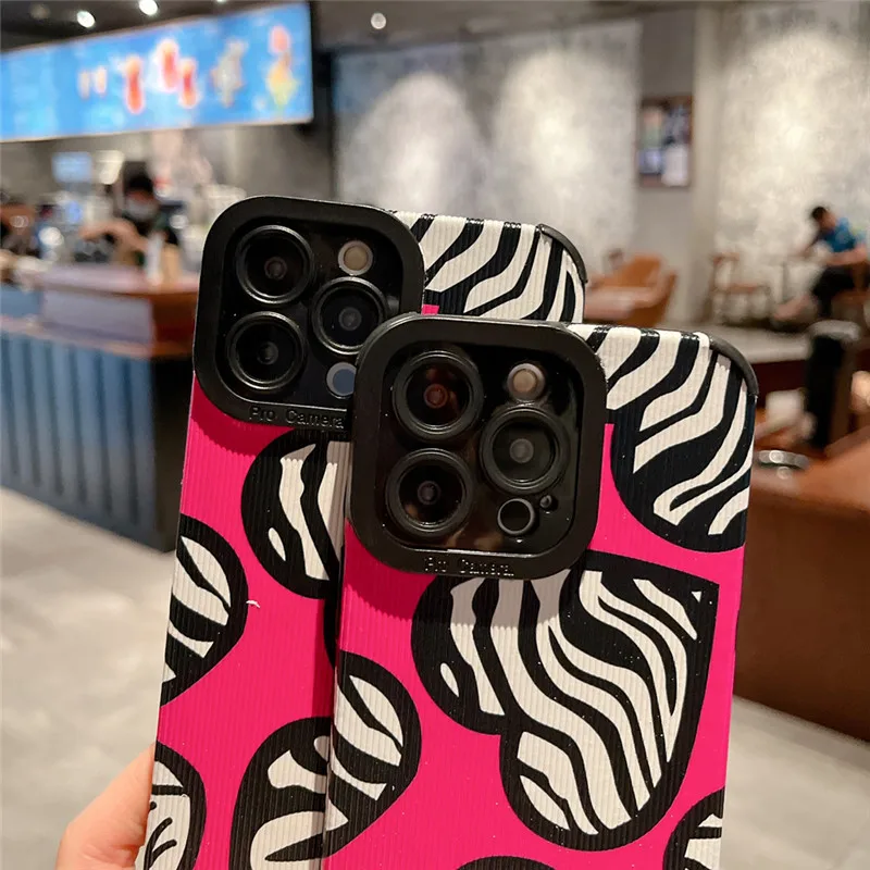 Stylish Love Heart Zebra Pattern Phone Case For IPhone 14 11 13 12 Pro XS Max 7 8 Plus X XR SE Animal Lens Protected Soft Cover