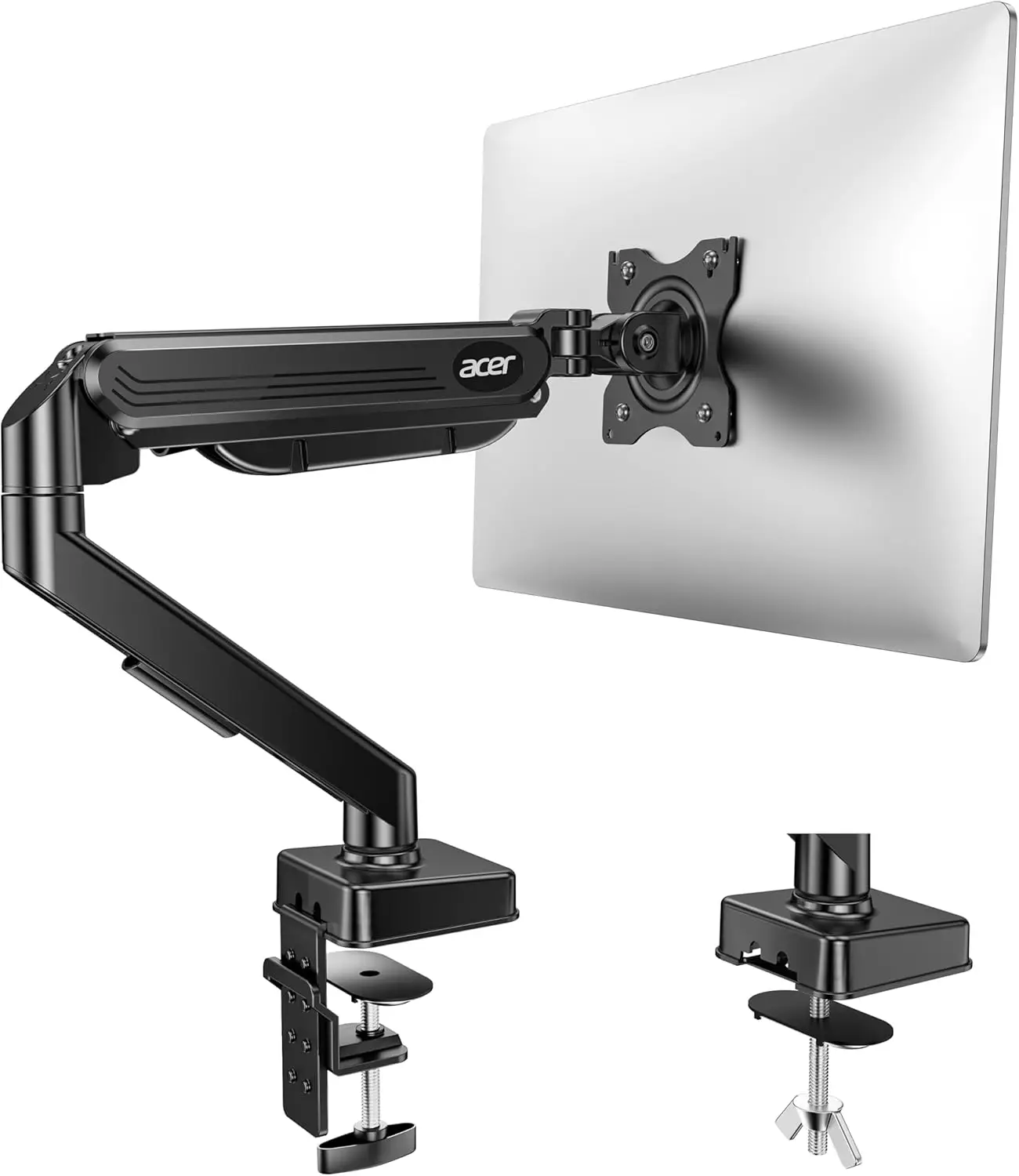 Single Monitor Mount, Fully Adjustable Gas Spring Arm Fits 17-34in, VESA 75/100mm, C-Clamp & Grommet Base, Supports 4.4-19.8lbs