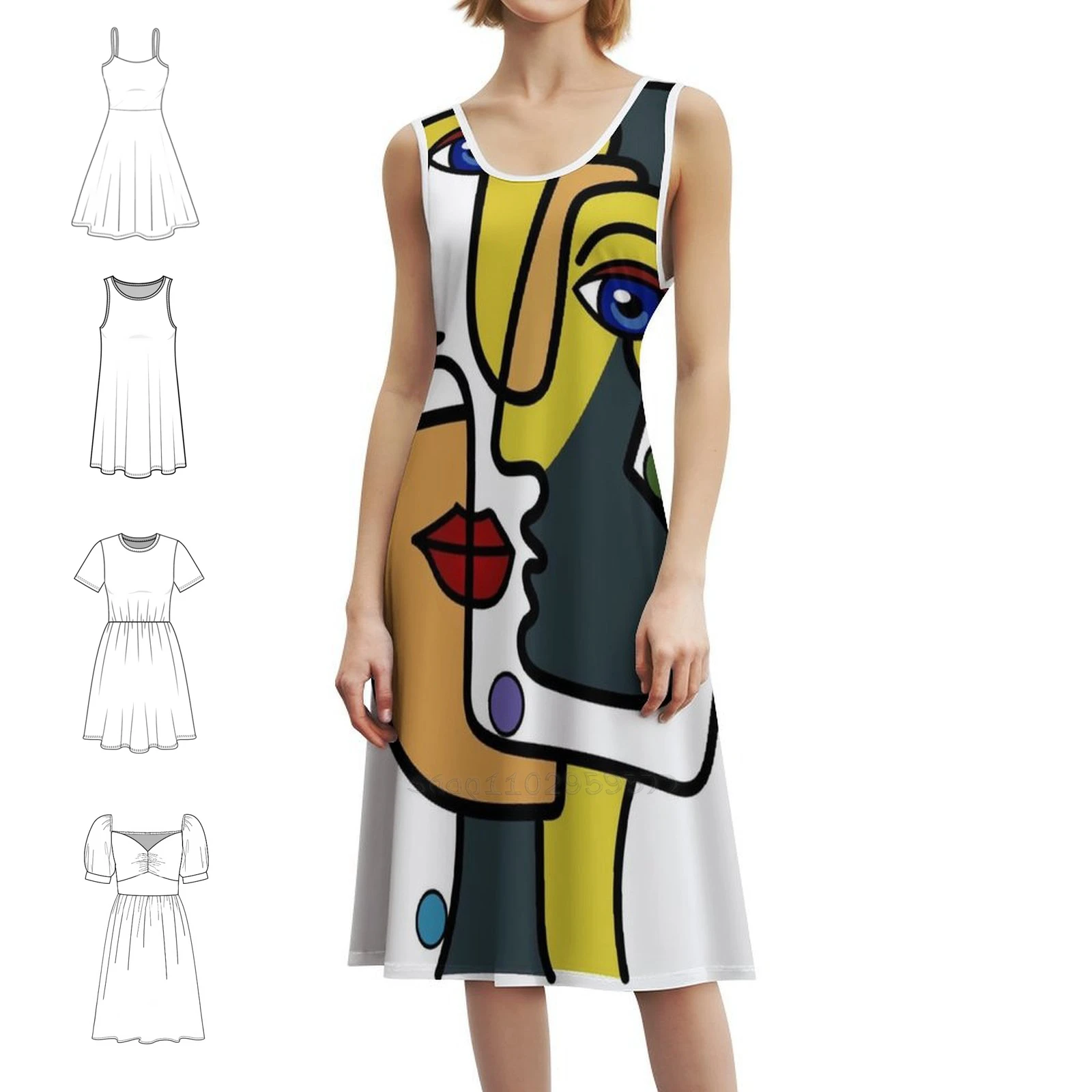 التكعيبية هندسية غريبة امرأة صورة الفن مثير عطلة فستان للنساء شاطئ حفلة عيد ميلاد فستان قصير مجردة التكعيبية