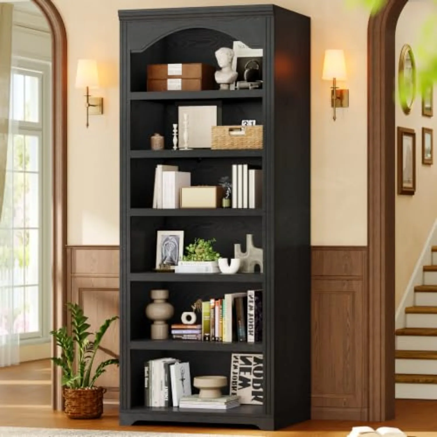 80.9 in Tall Arched Bookcase, Vintage 6-Tier Black Bookshelf with Classic Roman Column Design & Open Shelves for Living