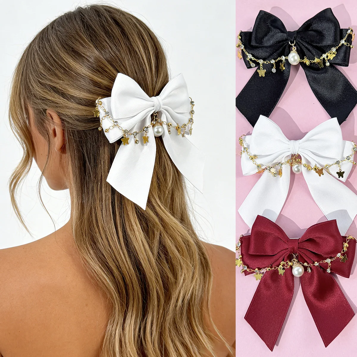 

24pc Women's Cute Bowknot Ribbon Hairpins Pearl Barrettes Lolita Hair Accessories Solid Side Clips Girls Headwear Wholesale
