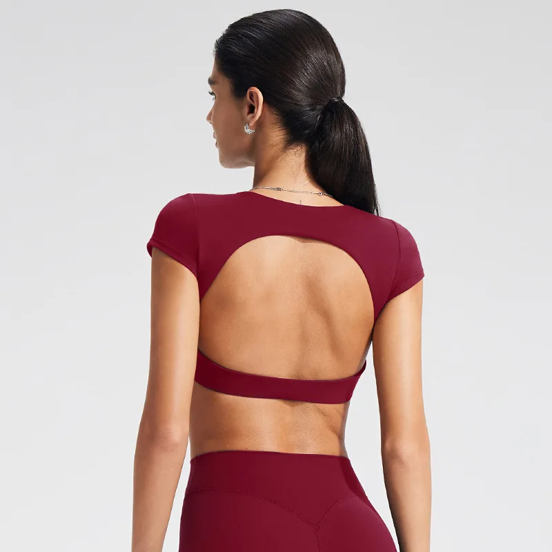 

Женская футболка для йоги с красивым верхом сзади, облегающая однотонная футболка для фитнеса с коротким открытым пупком, повседневная футболка с короткими рукавами