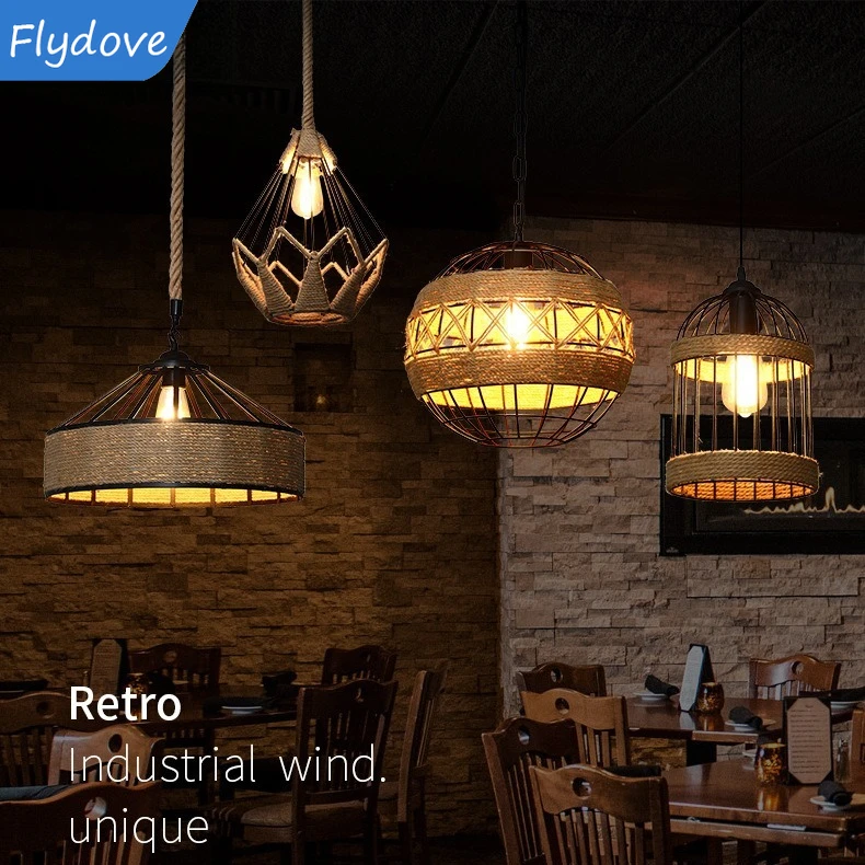 

Retro Creative LED Hemp Rope Pendant Light Creative Light Rail Craft Coffee Shop Barbecue Shop Bedroom Interior Decor Lighting