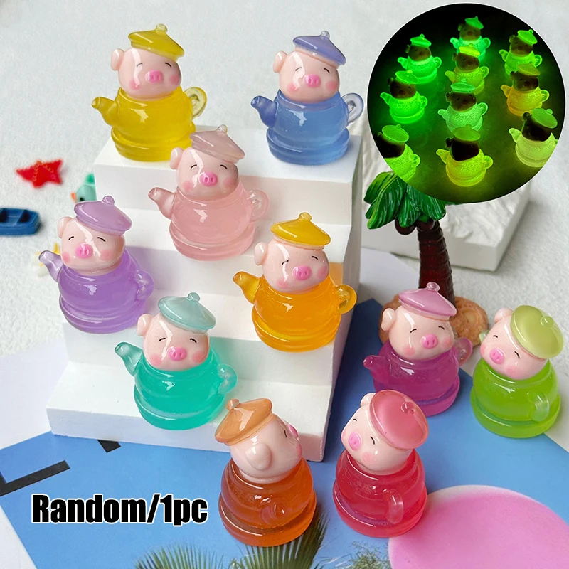 1pc Mini Luminous Cartoon Teapot Pig Micro Landscape Decoration Car Dashboard Home Garden Ornaments