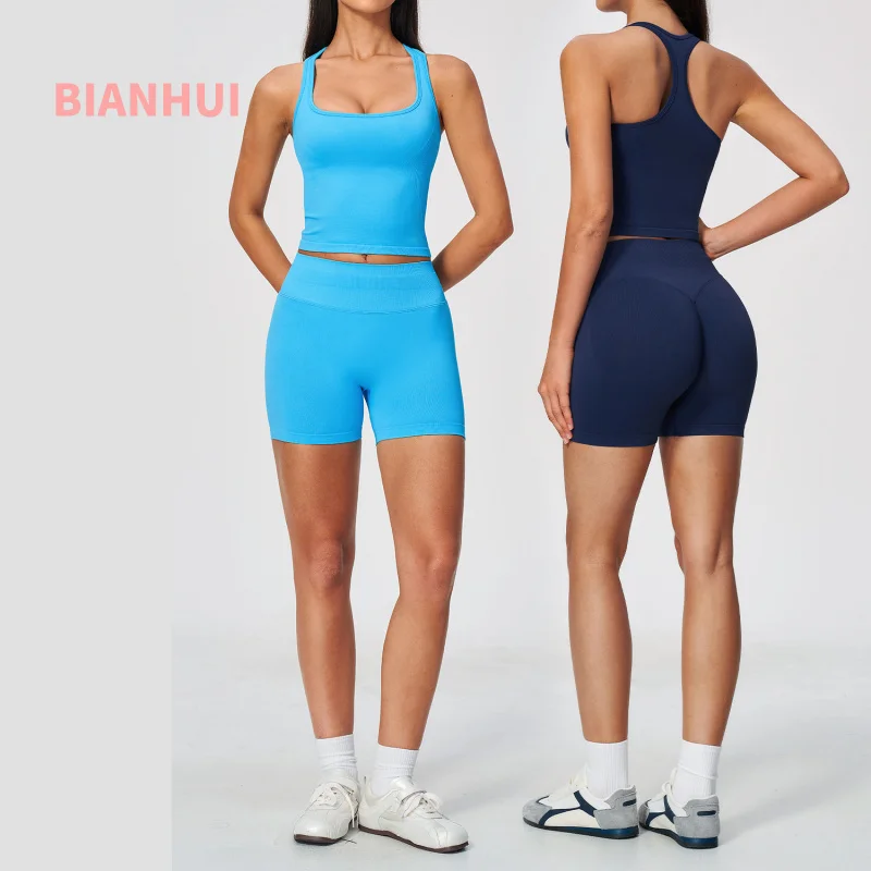 Women Seamless Yoga Sport Set Racerback Tank Top High Waist Butt‑Lift Shorts Quick Dry Breathable Gym Outdoor Workout Suit