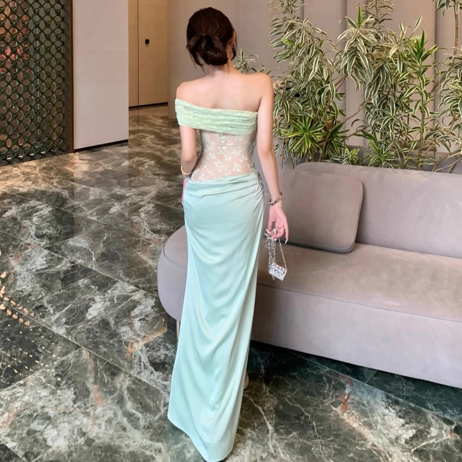 Grüne Spitze Satin Patch Slash Neck Kleid Frauen Sommer Elegante Hohe Taille Vestidos Bodycon Urlaub Party Tuch Dame