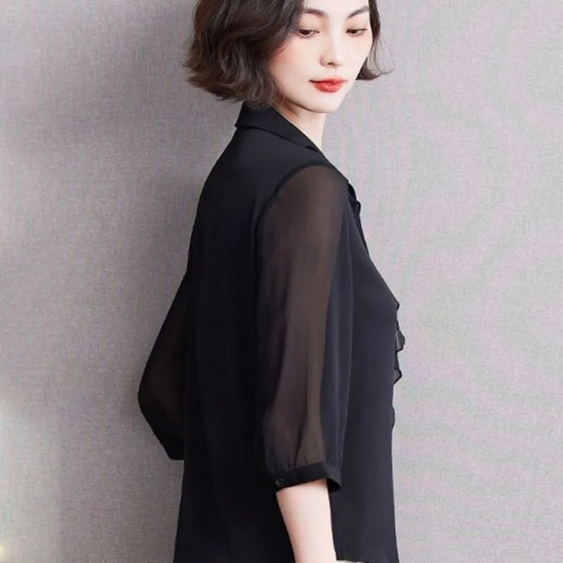 

Black Satin Shirt for Women 2025 New Fashion Quarter Sleeve Shirt Chiffon Top