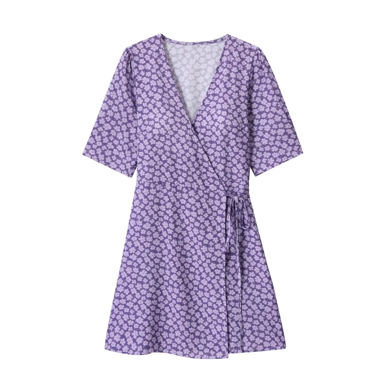 ผู้หญิงพิมพ์ลายดอกไม้ชุดมินิ LACE-up หลวม V คอสั้นแขนกลางเอว Elegant A-Line Dress ฤดูร้อนสไตล์รีสอร์ทชุด