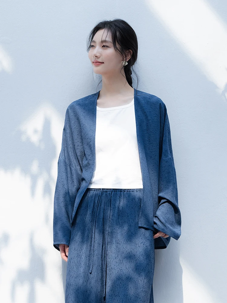 

New Le Collection Indigo Silk Blend Long Sve Outerwear No Button Air Conditioning Resistance Ladies Commute Sle Coat