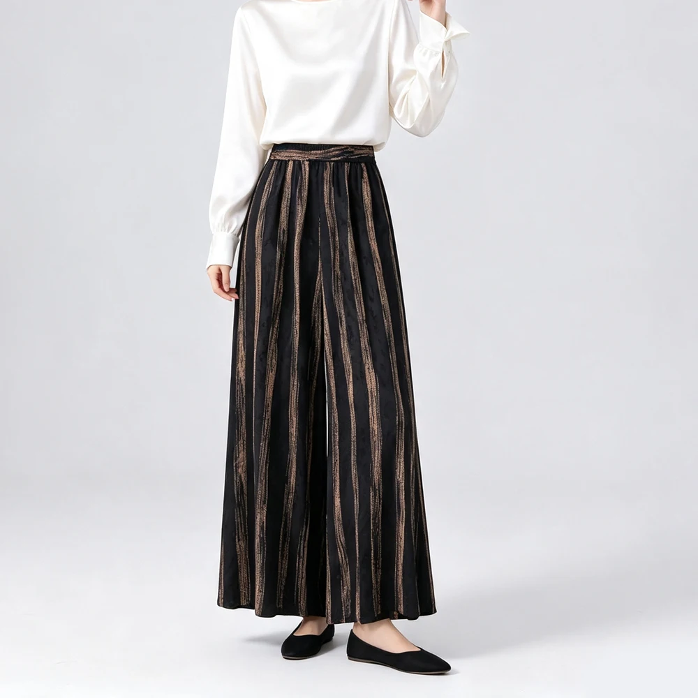 Classic Vertical Pattern Heavy Weight 24MM 100% Natural Mulberry Silk Jacquard Fragrant Cloud Yarn Elastic Waist Wide Leg Pants