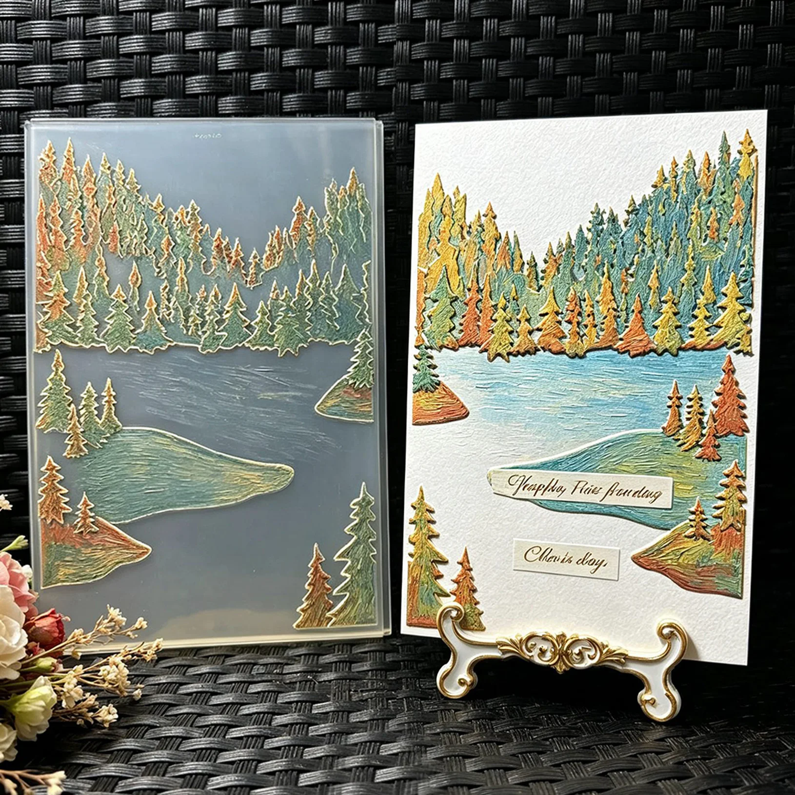 Layered Mountain Forest Cedar Three Dimensional Relief Embossed Board with Scattered Distances and Distances, Pine Forest Forest