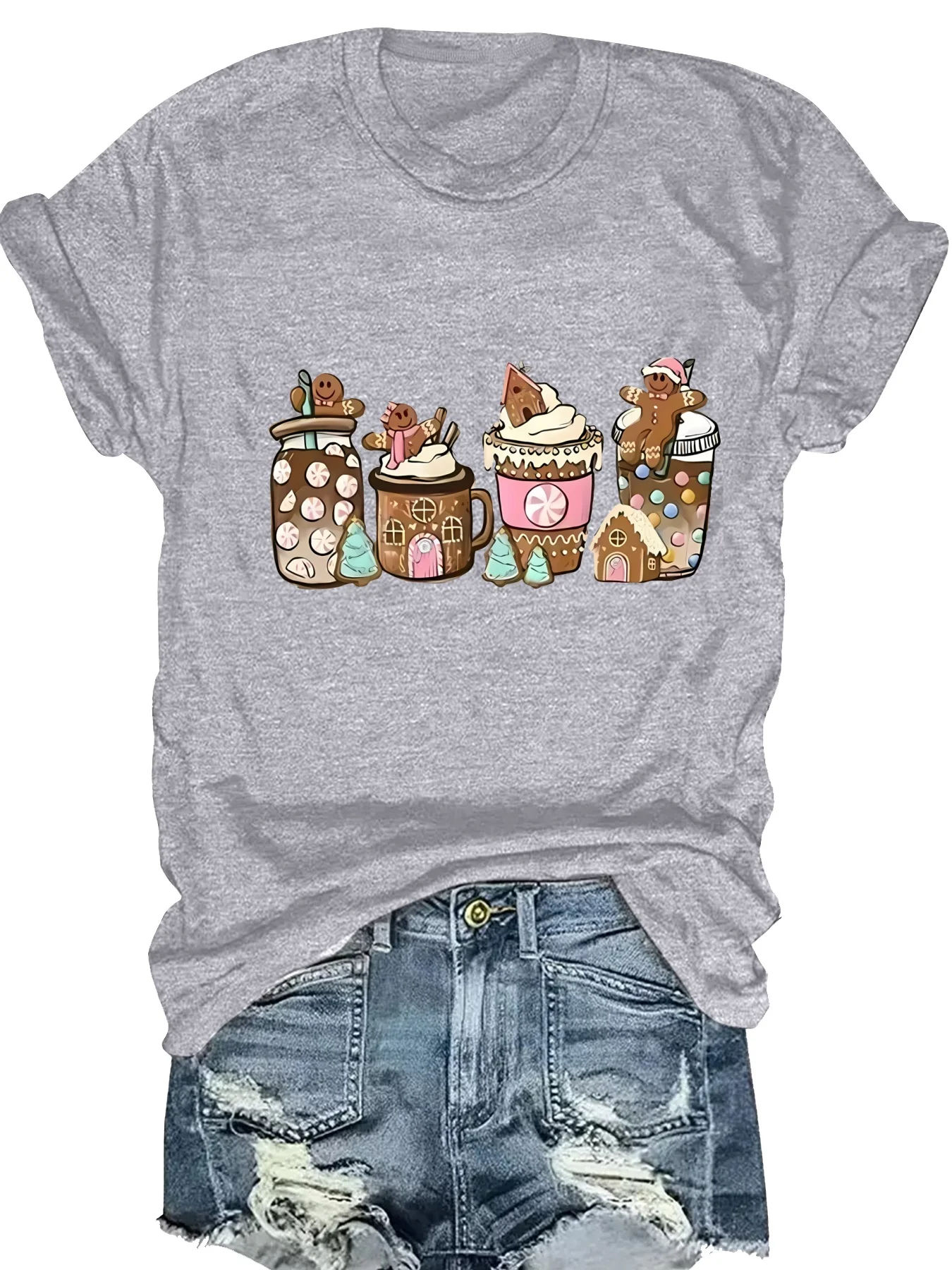 

Fashionable Tea Cup Pattern Printed Short Sleeve Ladies' Top Trendy Design Women's T-Shirt Casual Wear