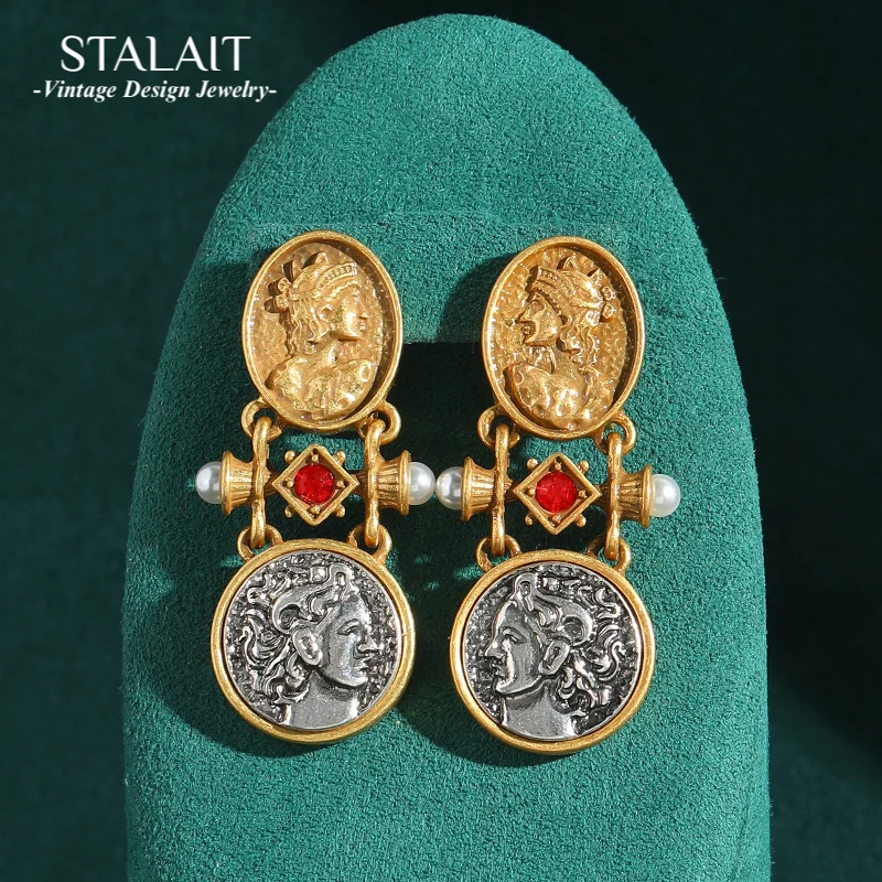 

Vintage Antique Jewelry Gold Color Red Crystal Coin Drop Dangle Earrings Carving Head Luxury Designer Retro Woman Accessories