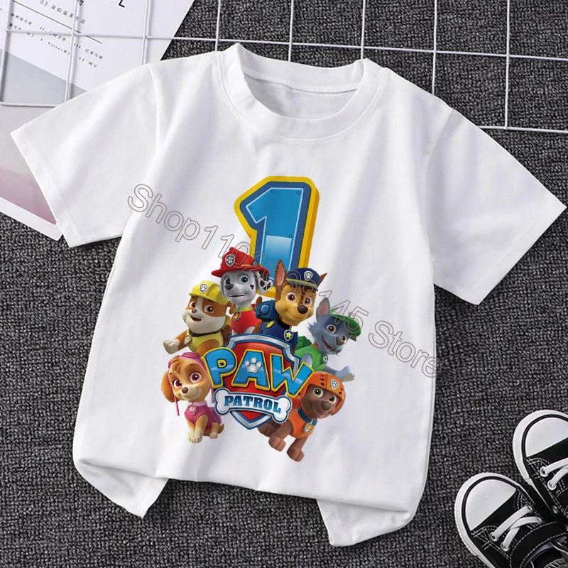 Paw Patrol Kinderkleidung, Geburtstagsnummer 1–10, T-Shirts, Cartoon-bedrucktes T-Shirt, Jungen und Mädchen, kurze Ärmel, Tops, Sommerkleidung