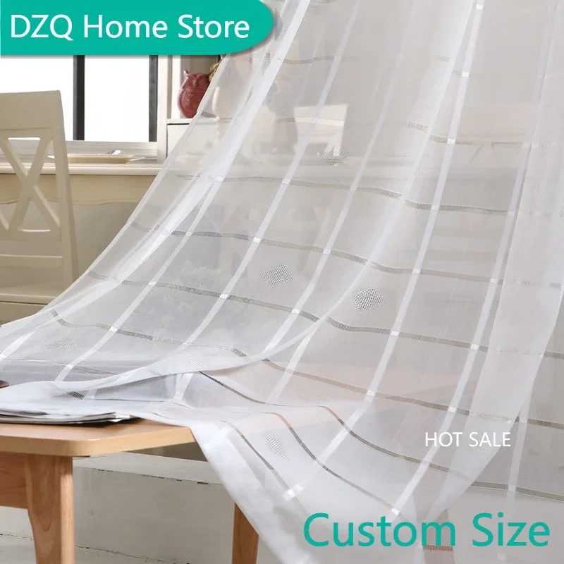 

Squares White Tulle Curtains for Living Room Soft Hand Feeling Plaid Modern Curtains for Kids Bedroom Solid Sheer Voile Tulle