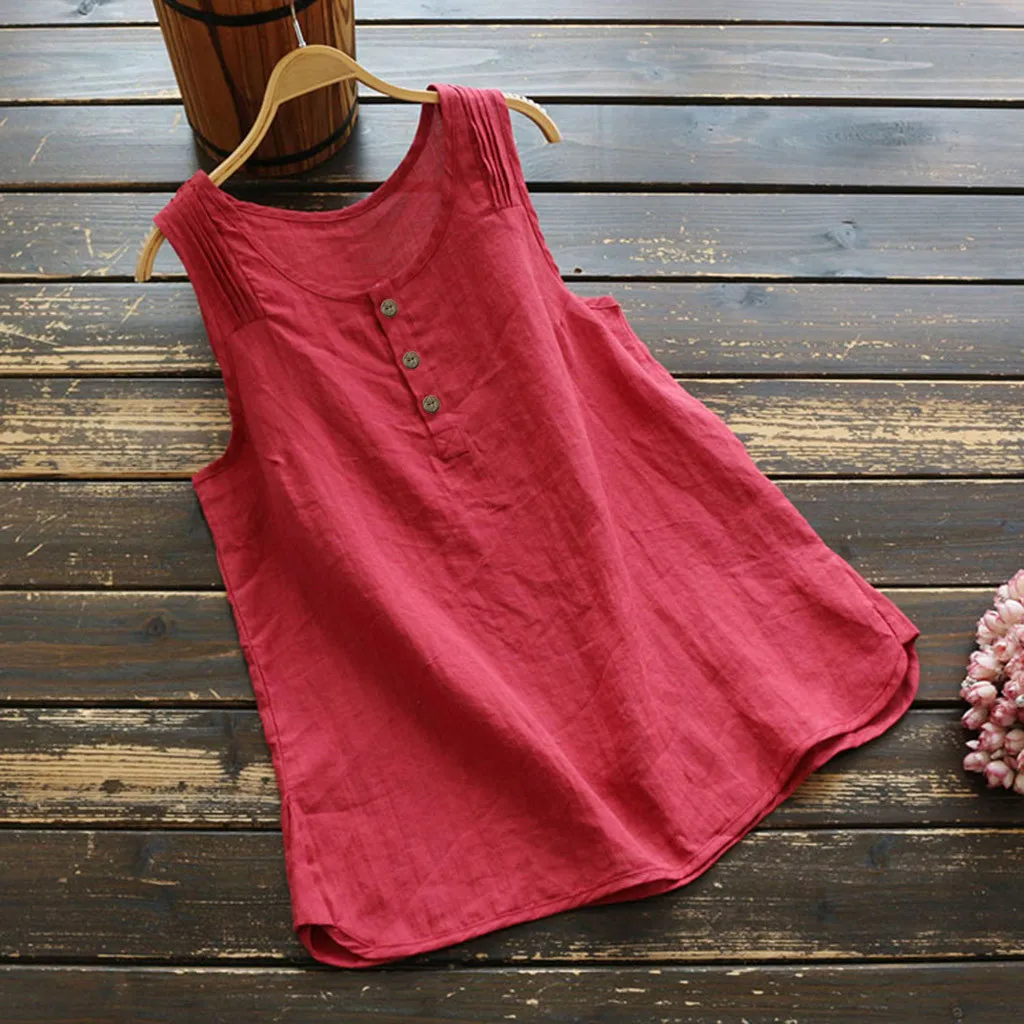 

Women Summer Loose Casual Tank Shirt Plus Size Sleeveless O-Neck Cotton Linen Vest Beach vacation Vintage Solid Vest Blusas