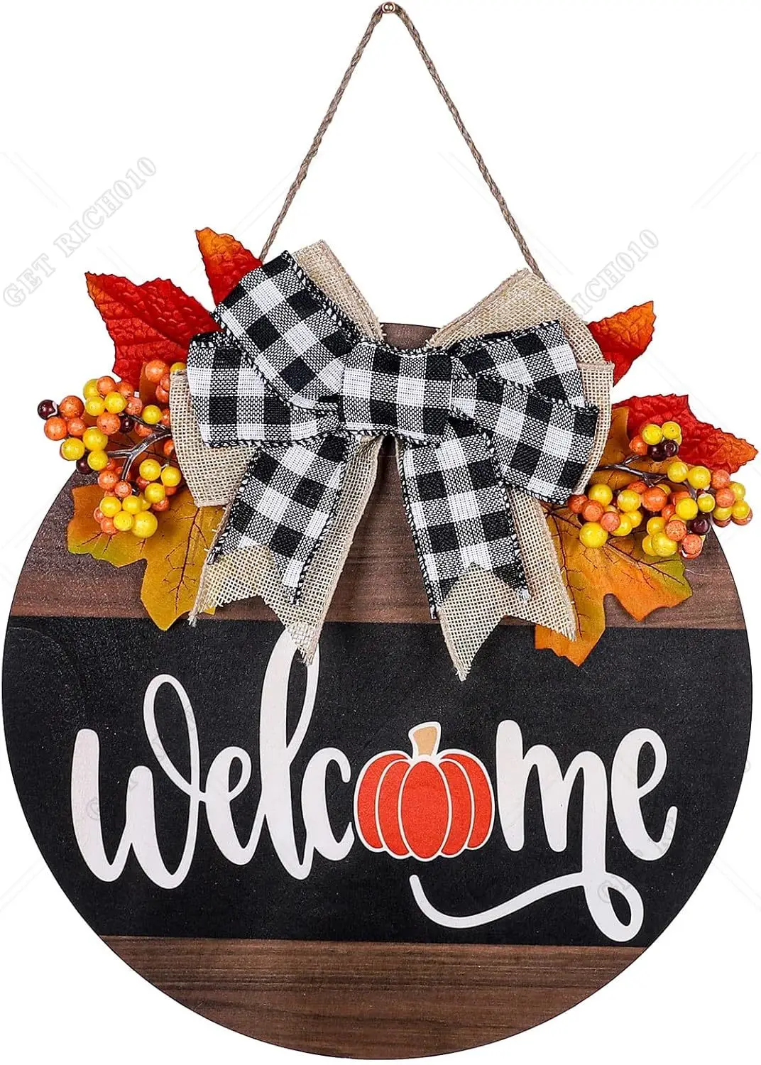 

Fall Thanksgiving Welcome Sign Farmhouse Wooden Hanging Sign with Bow Artificial Berries Rustic Wood Door Hanger for Autumn 12in