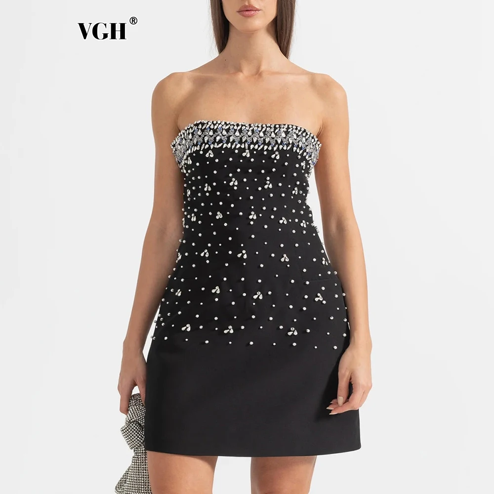 

VGH Sexy Backless Slimming Party Dresses For Women Strapless Sleeveless High Waist Spliced Diamonds Short Dress Female Fashion