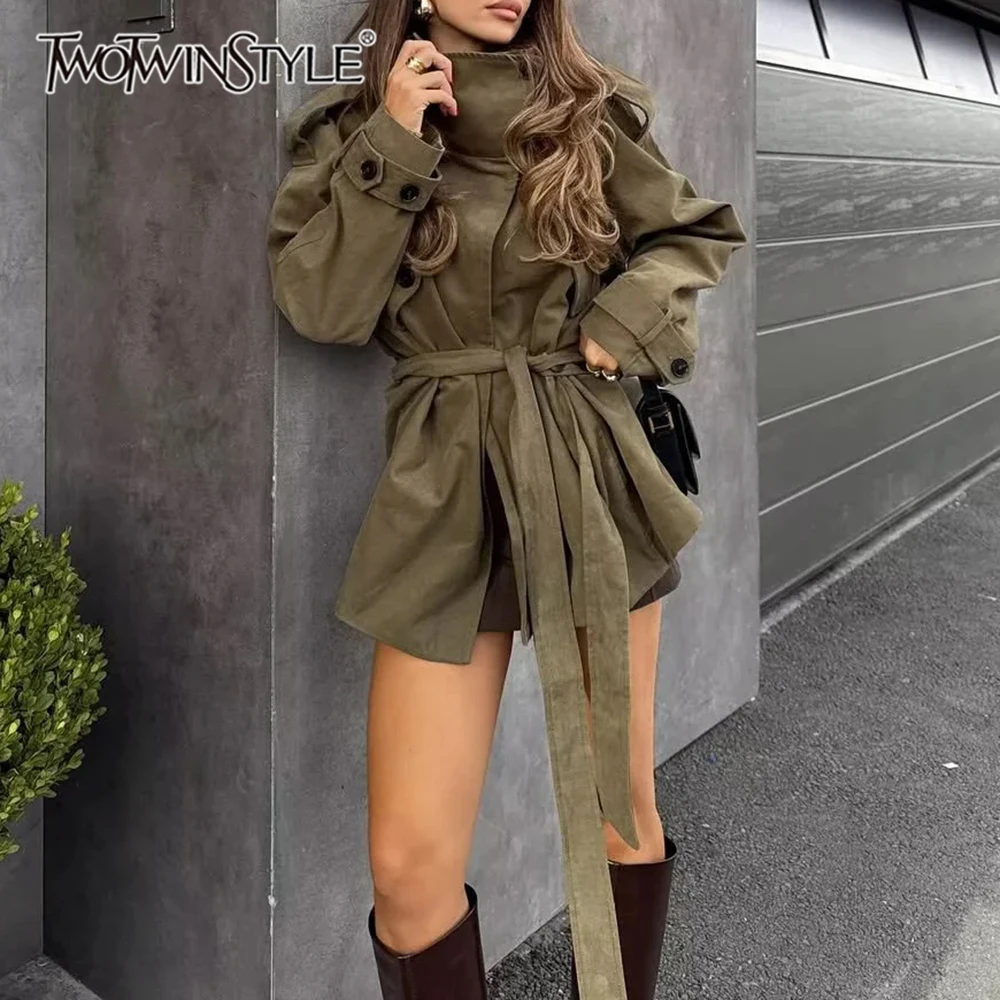 

TWOTWINSTYLE High Street Fashionable Jacket for Women Stand Collar Long Sleeve Spliced Lace Up Slimming Temperament Coat Female