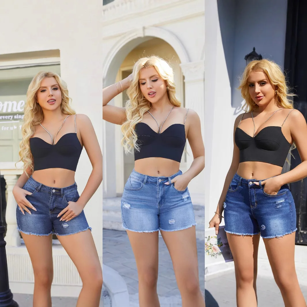 

Y2K Street High Waist Slant Pocket Frayed Hem Stretchy Skinny Denim Hottie Mini Shorts pantalon femme