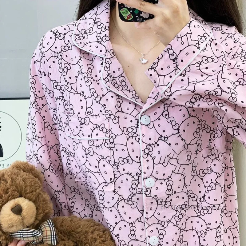 Sanrio Hello Kitty Full Print Cartoon Cotton Pajamas Japanese Style Sweet Y2k Girl Sleepwear Women New Long Sleeved Home Clothes