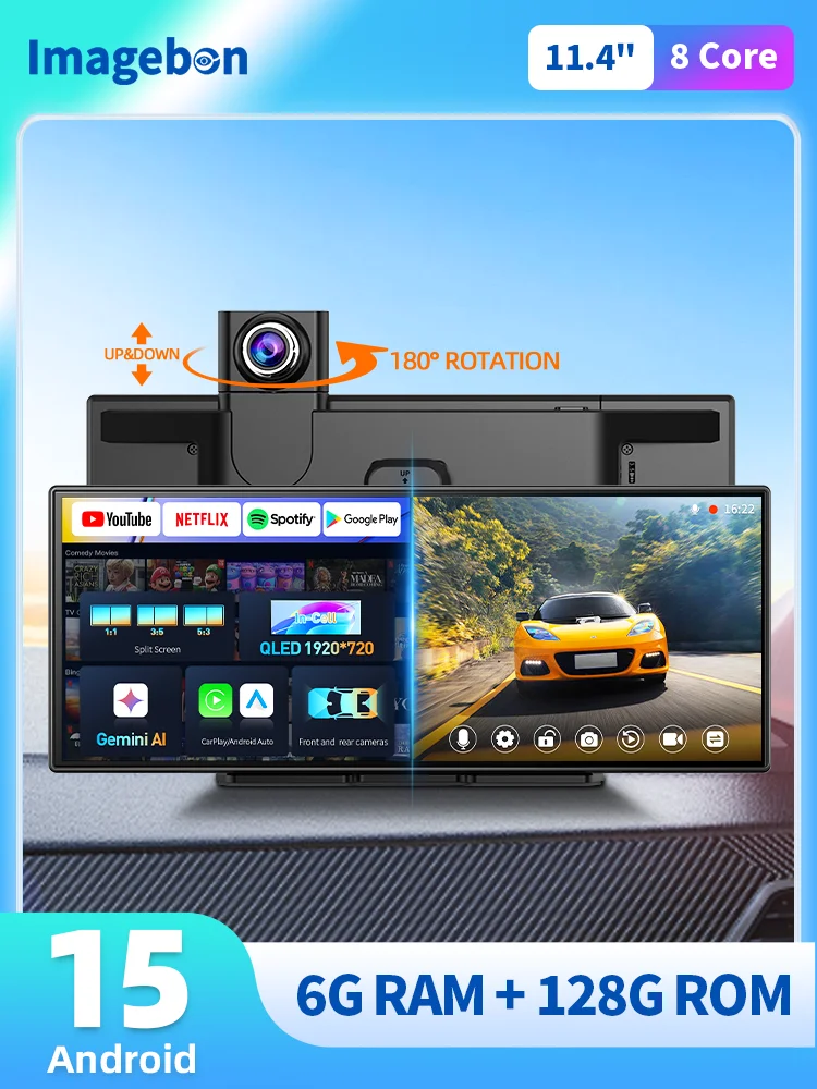 Imagebon P70Plus 11,4 Zoll Android 15 6+128G CarPlay & Android Auto Dashcam Dual WiFi Google Play DVR Smart Split-Screen Dashcam