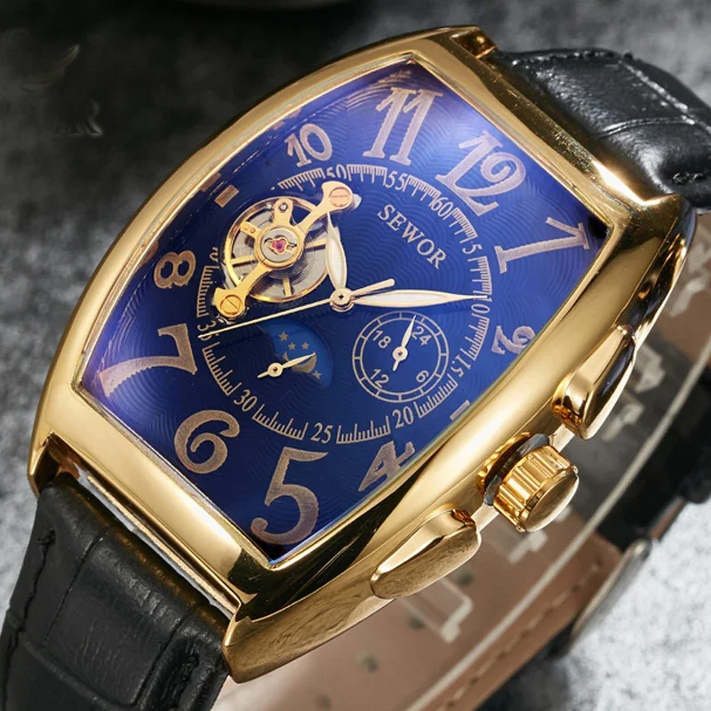 

SEWOR Watch Luxury Tourbillon Watches Men Fashion Barrel Type Moon Phase Small Seconds Automatic Mechanical Wristwatches Men