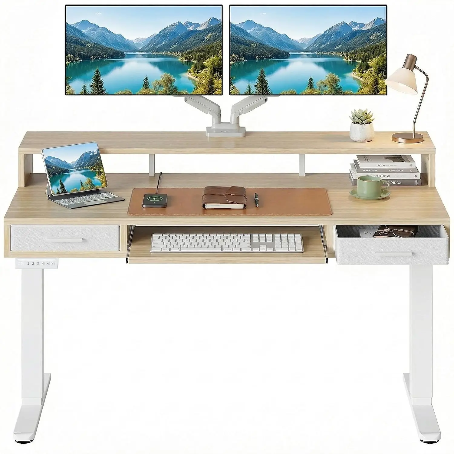 Electric Standing Desk with Drawers & Keyboard Tray, C-Clamp Mount, Adjustable Office Desk, 55x26 Inch, Walnut, Customized