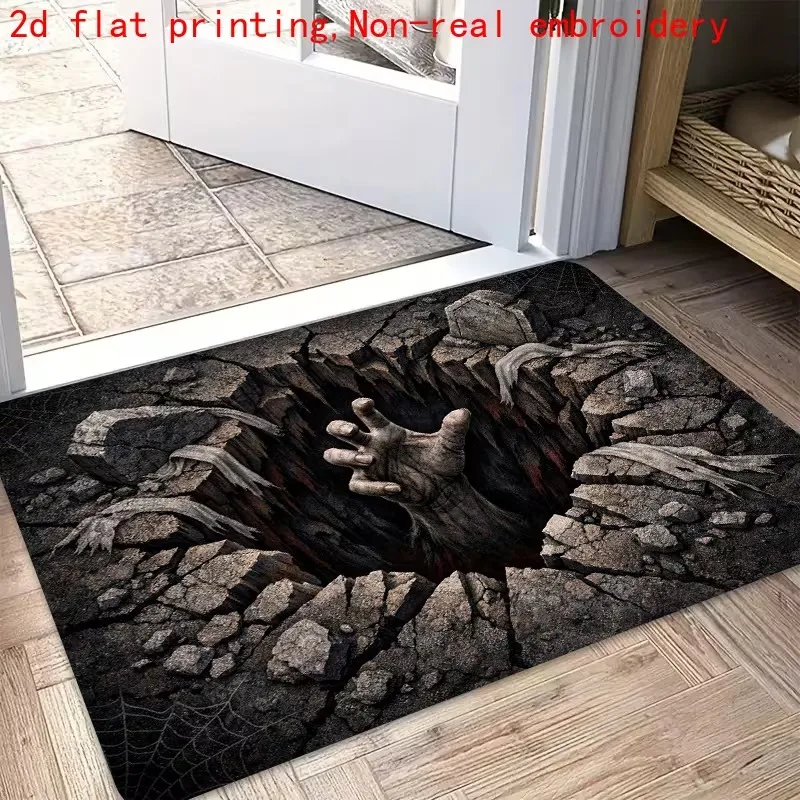 Halloween Zombie Hand 2D Cracked Ground Printed Doormat Spooky Optical Illusion Horror‑Themed Decorative Entrance Floor Rug Mat