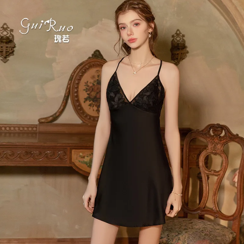Light Luxury Satin Lace Deep V Seductive Detachable Chest Pad Pure Desire Cross Backless Nightdress Women's Dress Casual 0HU3