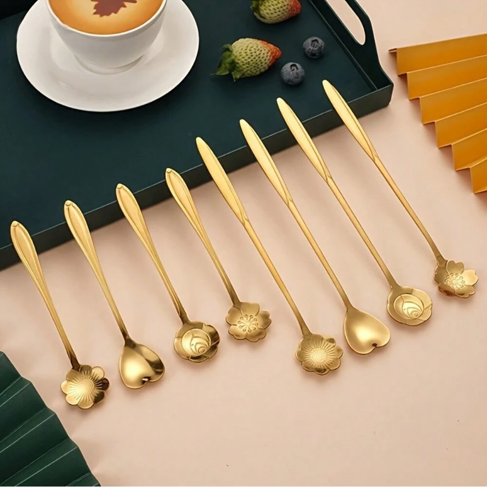 Stainless Steel Flower Spoon Set Ice Cream Coffee Dessert Milk Powder Honey Spoon Long Handle Stirring Spoon Spoon Tableware