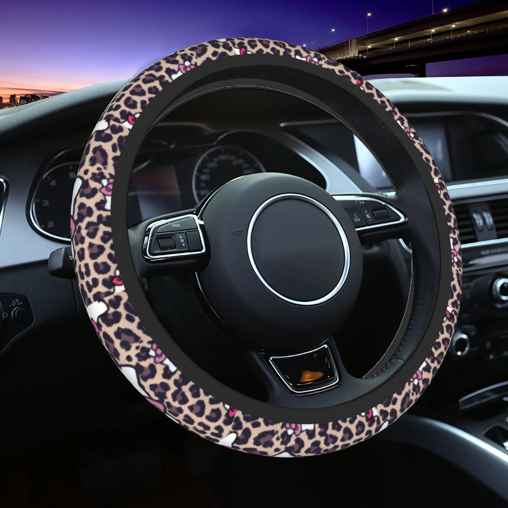 

37-38 Car Steering Wheel Covers Hello Kitty Anti-slip Leopard Braid On The Steering Wheel Cover Car-styling Auto Accessories