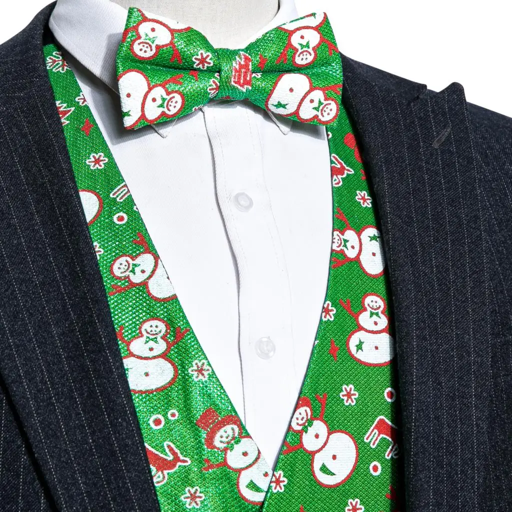 

Luxury Christmas Vest for Men Silk Green Red White Snowman Snowflake Festival Waistcoat Tie Bowtie Set Happy Party Barry Wang