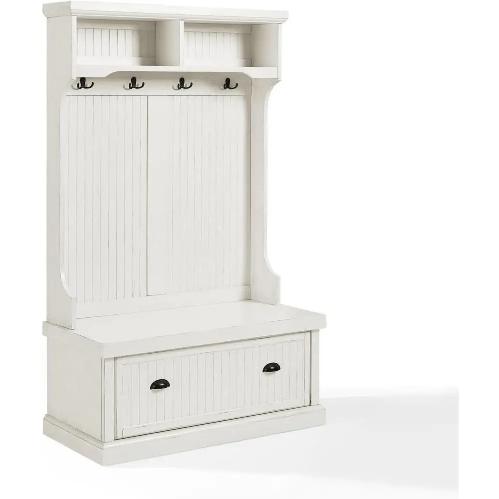 

Прихожая тумба-скамья с вешалкой для одежды, местом для хранения обуви и сиденьем для прихожей, в цвете состаренный белый