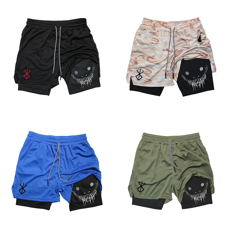 

Летние шорты для бега в стиле аниме, мужские спортивные шорты со шлейфом для фитнеса, модные мужские двухслойные быстросохнущие впитывающие пот шорты