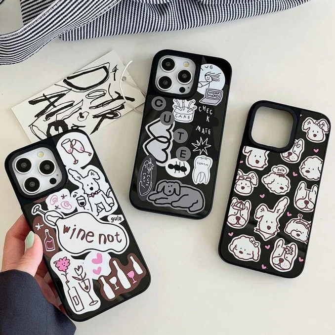 

Black Mirror Surface Dog Sticker Phone Case Cover for IPhone 11 12 13 14 15 Pro Max Case for IPhone 15 Pro Max